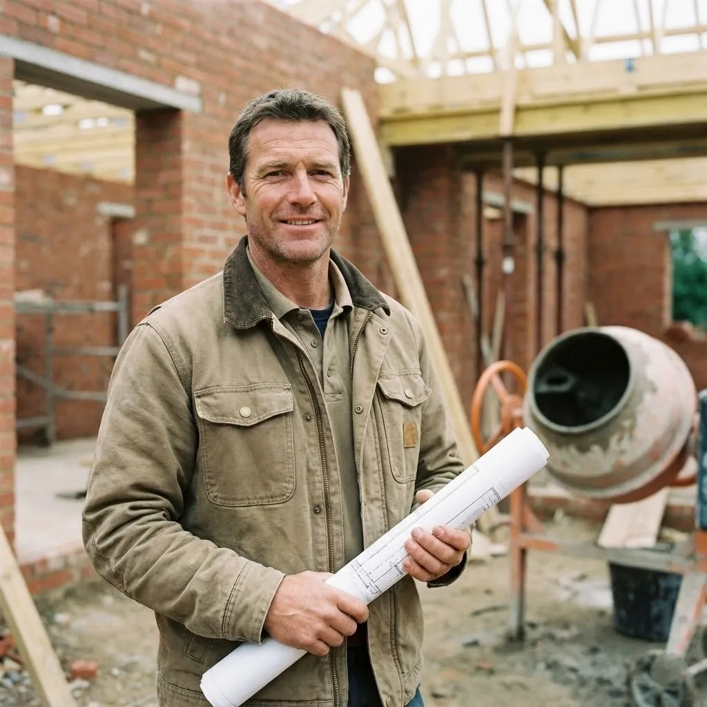 Artisan maçon sur un chantier de construction avec plans